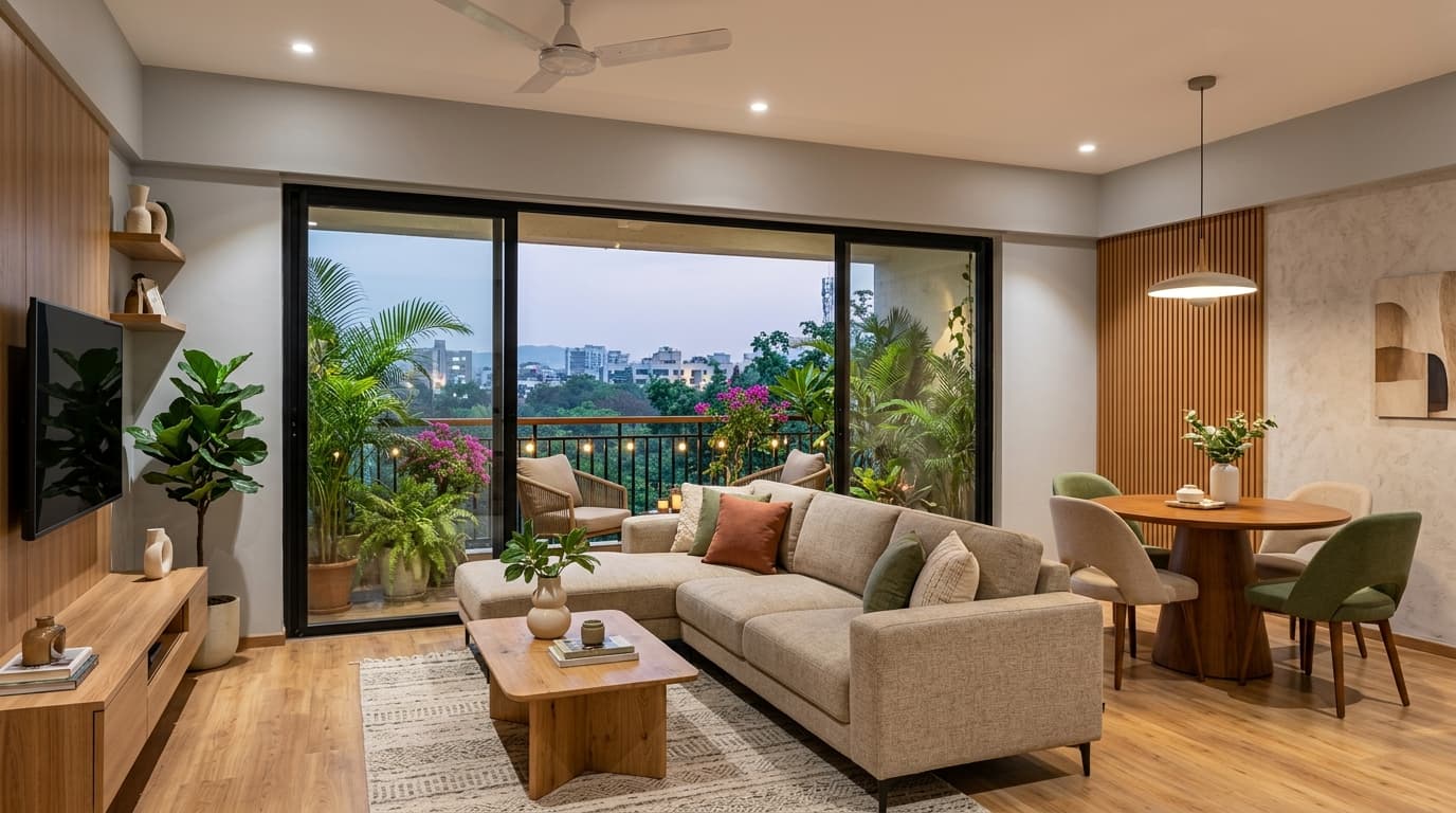 Contemporary 2 BHK apartment living room in Pune with balcony and open dining area