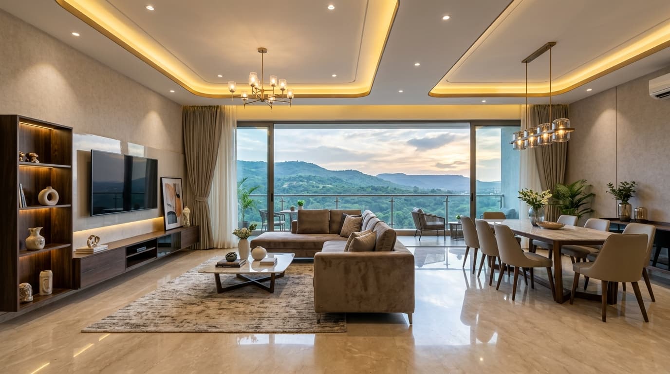 Spacious 3 BHK luxury apartment living and dining area in Pune with hill view glass facade