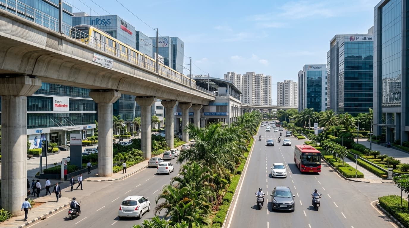 Hinjewadi Rajiv Gandhi Infotech Park corridor in West Pune with modern IT towers and elevated Pune Metro line