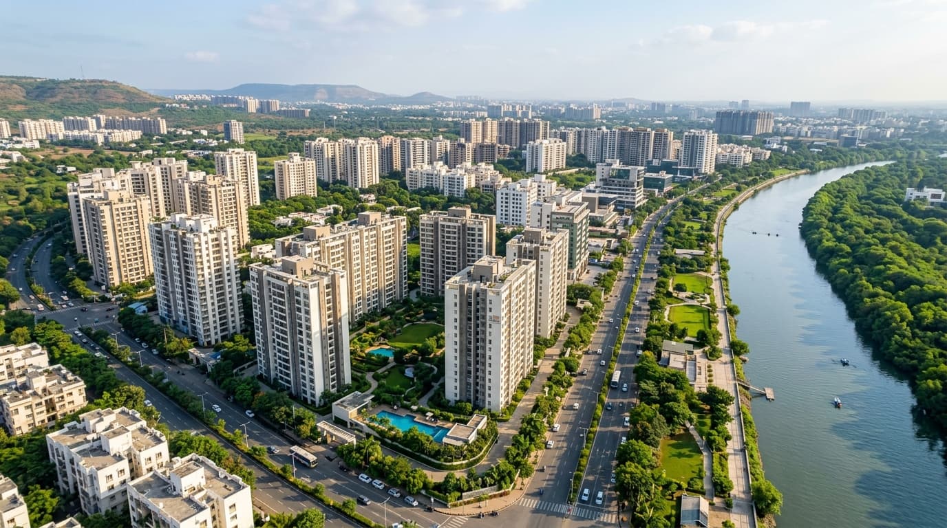 Pimple Nilakh Pune upscale riverside residential enclave along Mula River with modern apartment towers