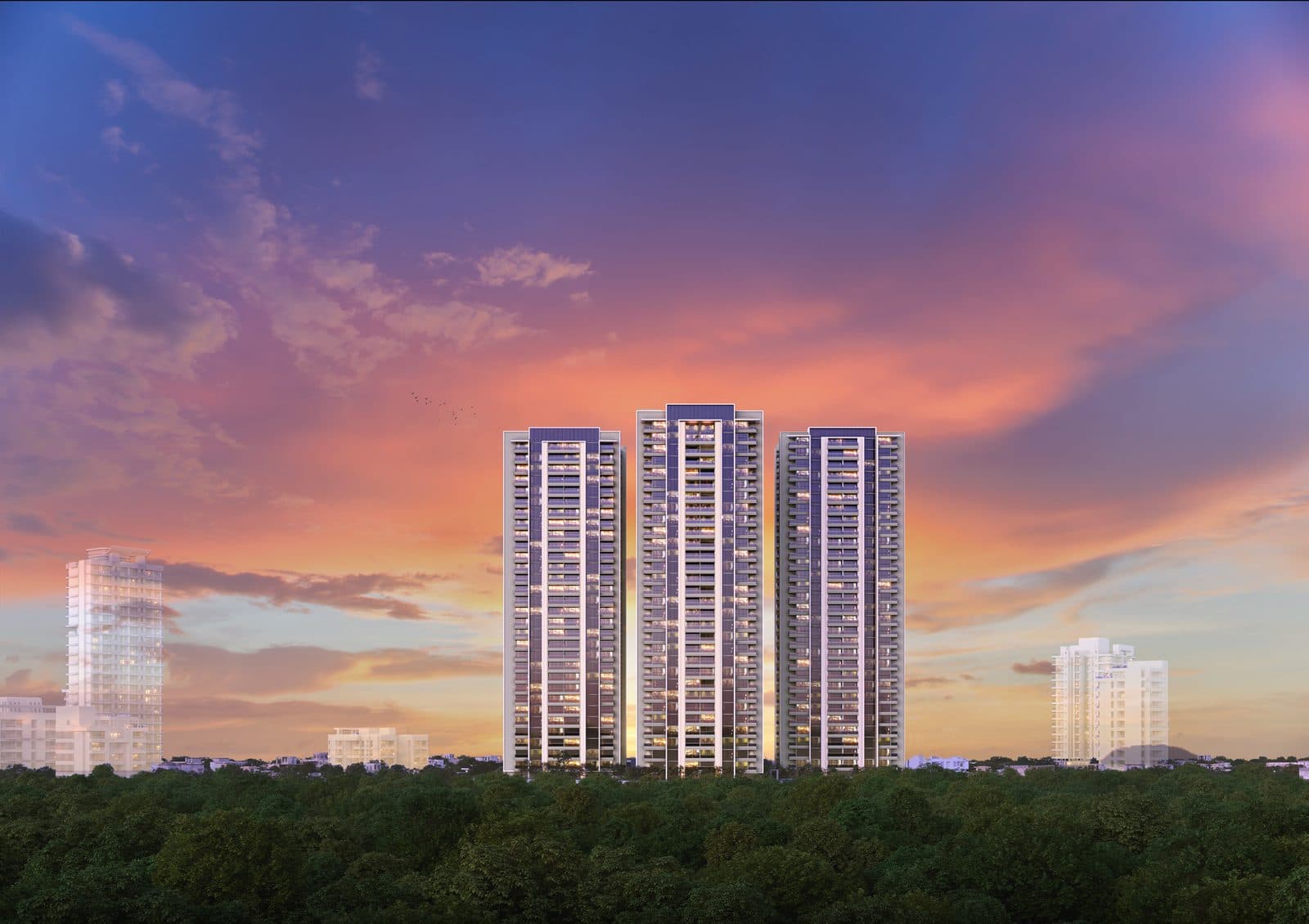 Kolte Patil 24K Manor, Pimple Nilakh — three-tower elevation at dusk (artistic impression)