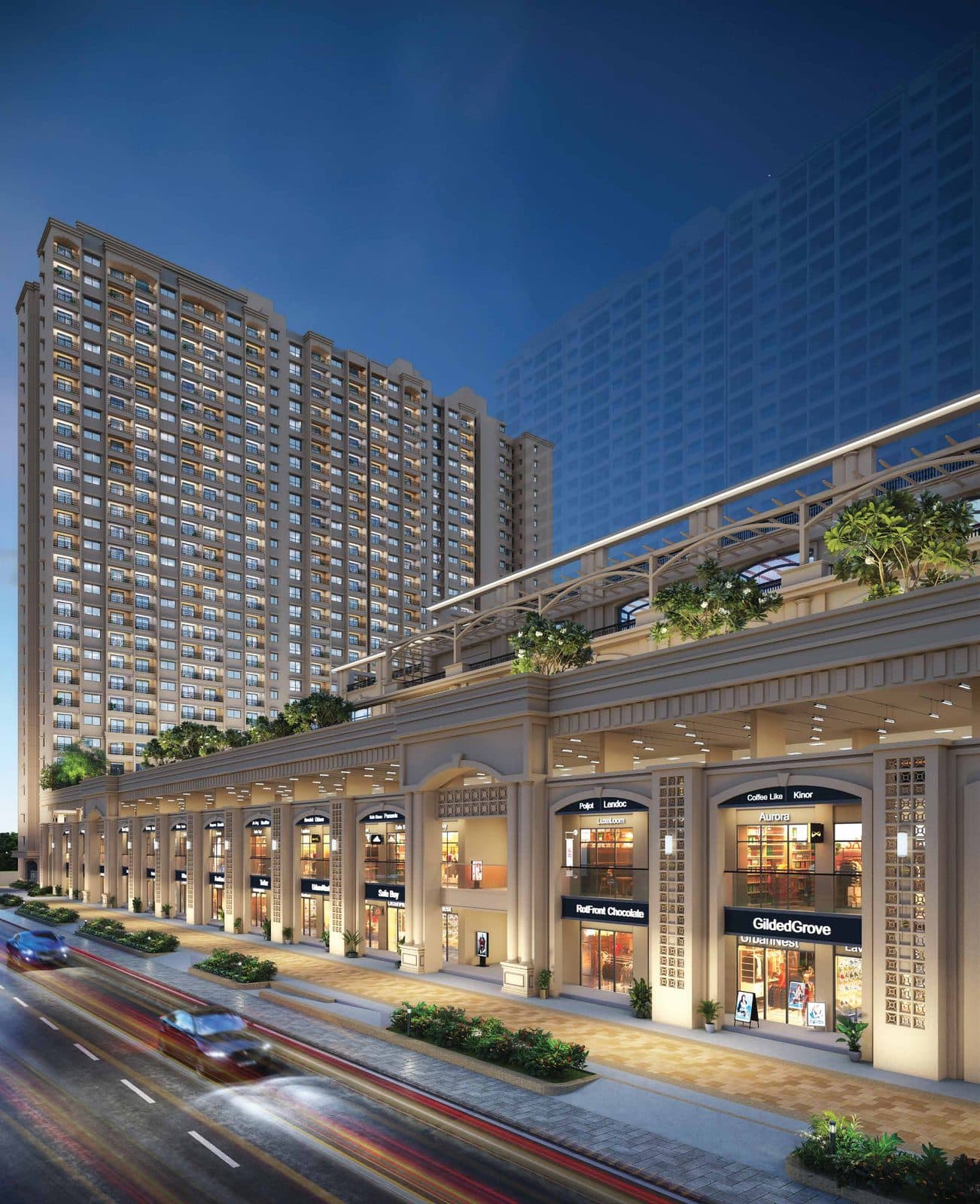 Raheja Vistas, Mahalunge — high-street retail zone at night