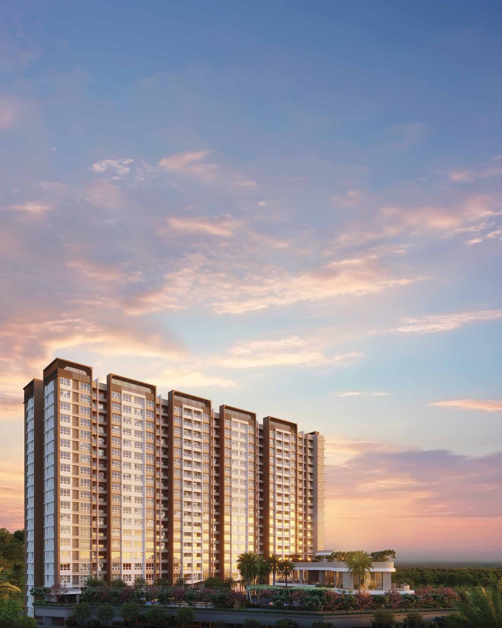 The Winds by Kolte Patil, Bhugaon — multi-tower elevation at sunset with podium clubhouse