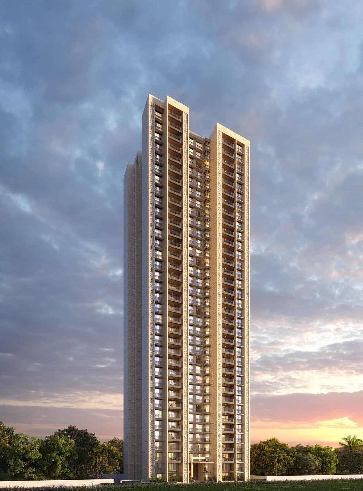 Lodha Massimo, Baner — tower elevation at dusk