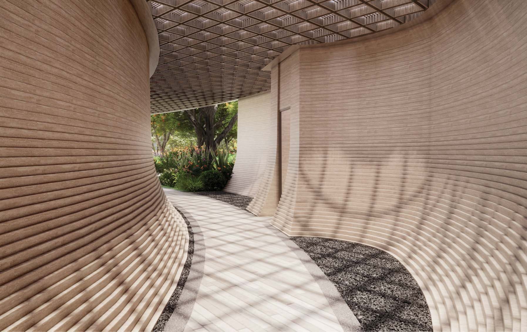 Lodha Sylvan, Hinjewadi — curvilinear rammed-earth textured landscaped walkway