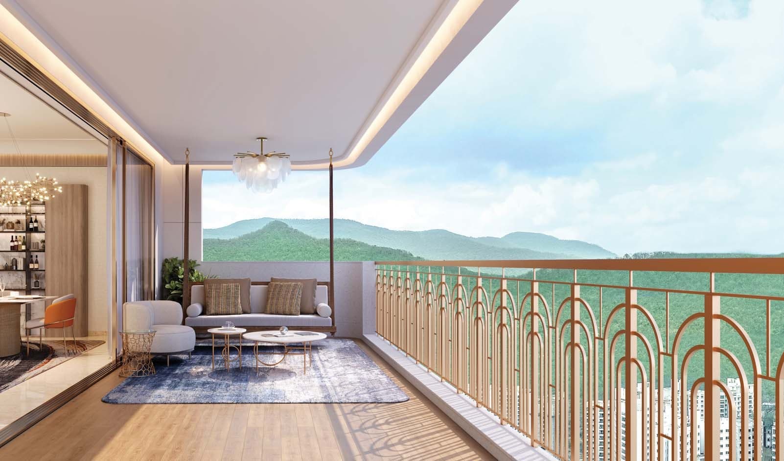 Lodha Sylvan, Hinjewadi — private deck balcony with swing and Sahyadri mountain vistas