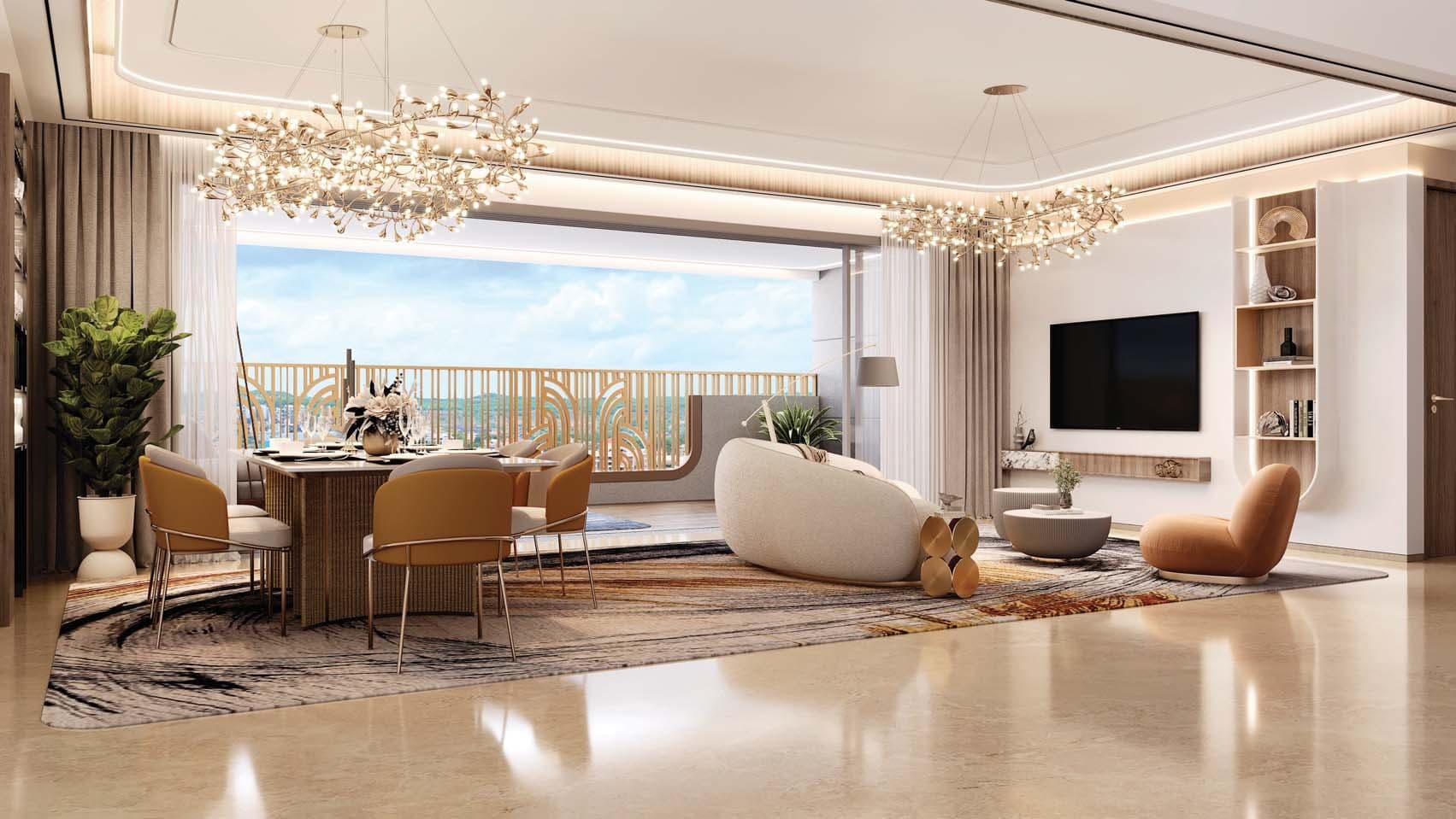 Lodha Sylvan, Hinjewadi — luxury living and dining room with chandeliers and glass deck doors