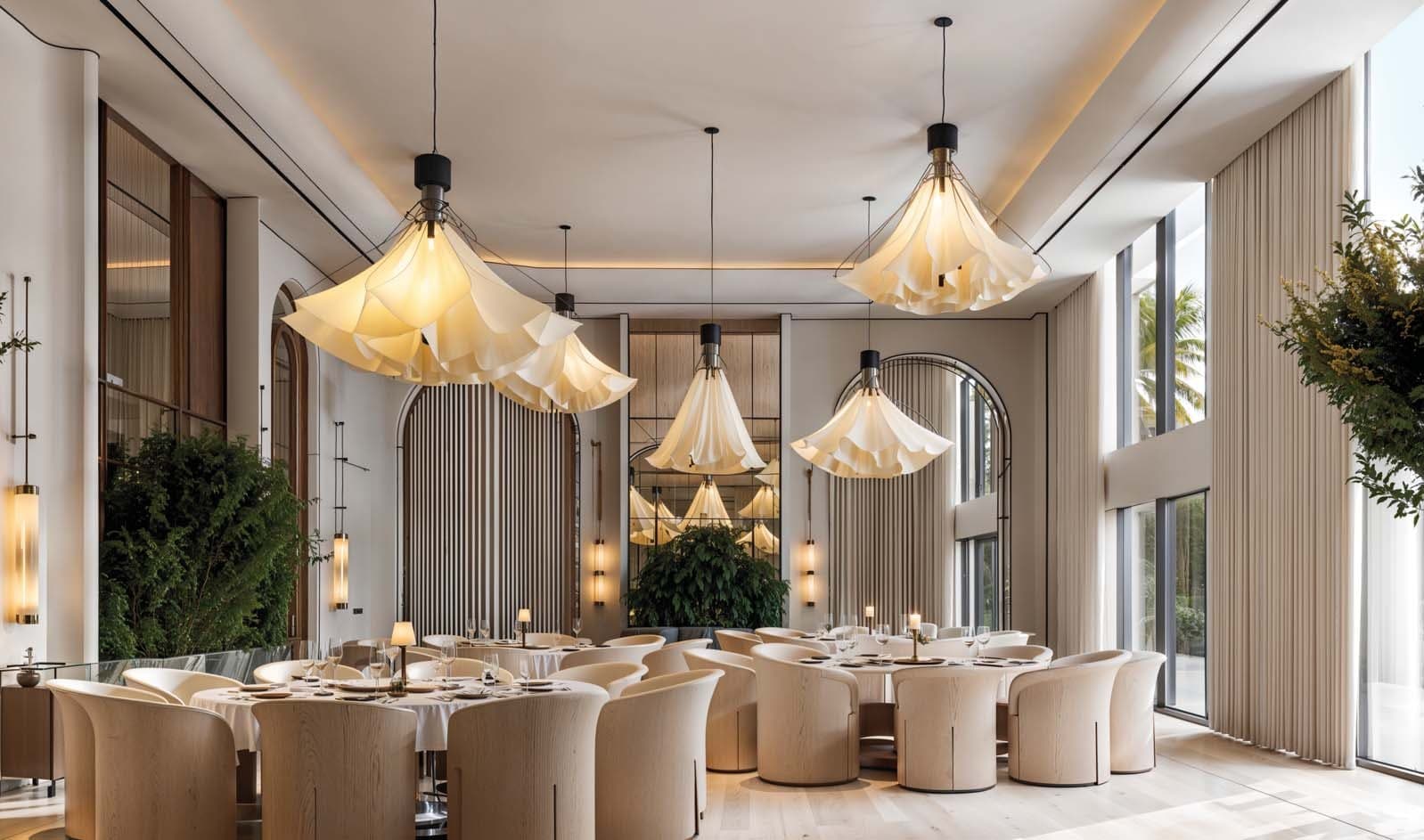 Lodha Sylvan, Hinjewadi — banquet and grand dining hall with floral pendant chandeliers