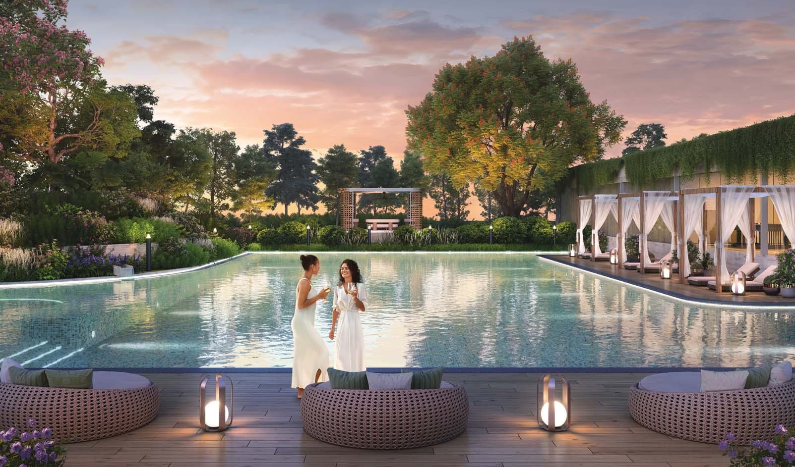 Lodha Sylvan, Hinjewadi — swimming pool deck and private cabanas