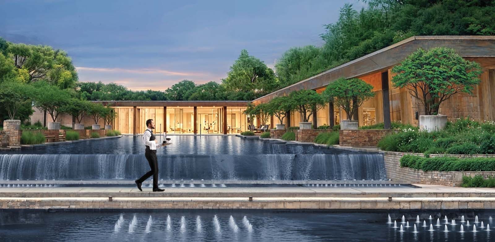 Lodha Sylvan, Hinjewadi — clubhouse reflecting pool and water cascade