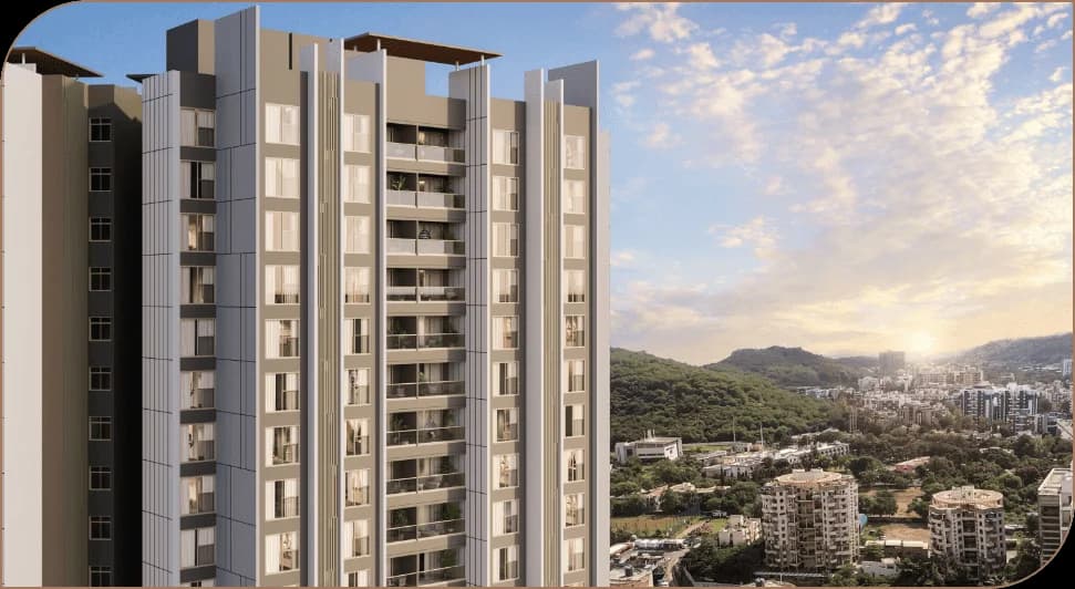 M Soulstrings by Malpani, Pashan — angled tower elevation with hills backdrop