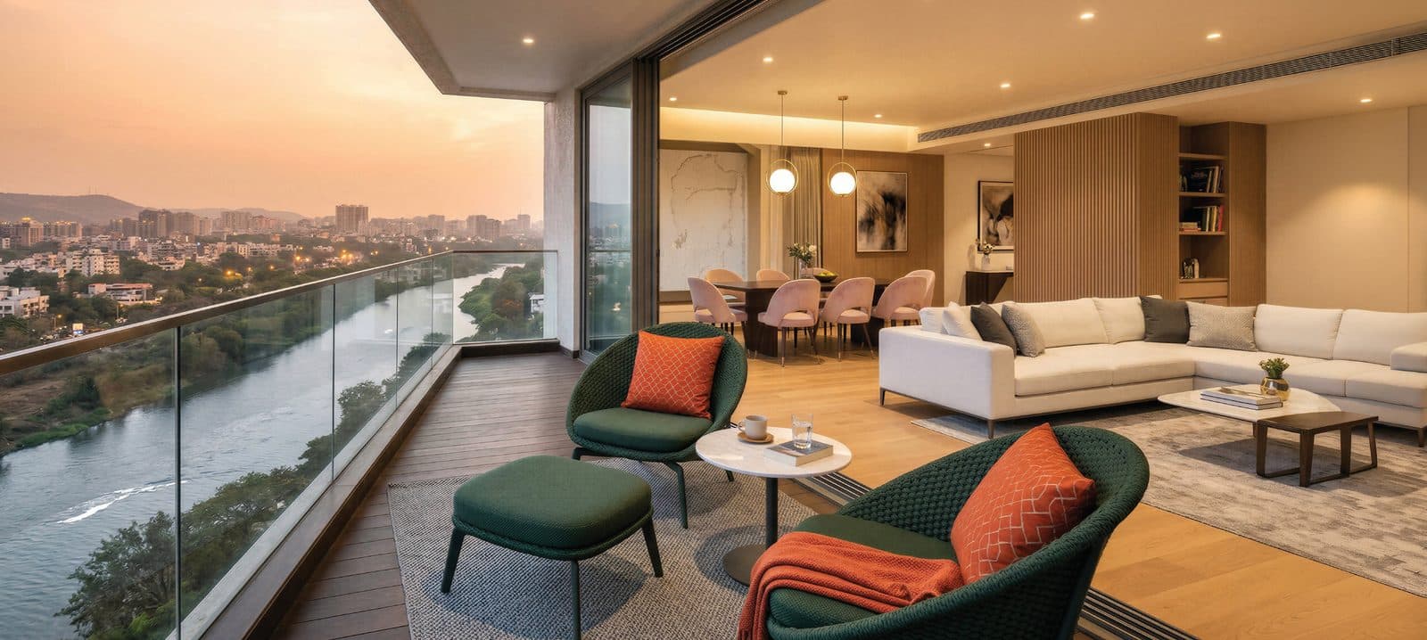 Supreme Rivana, Punawale — living room with riverside balcony view