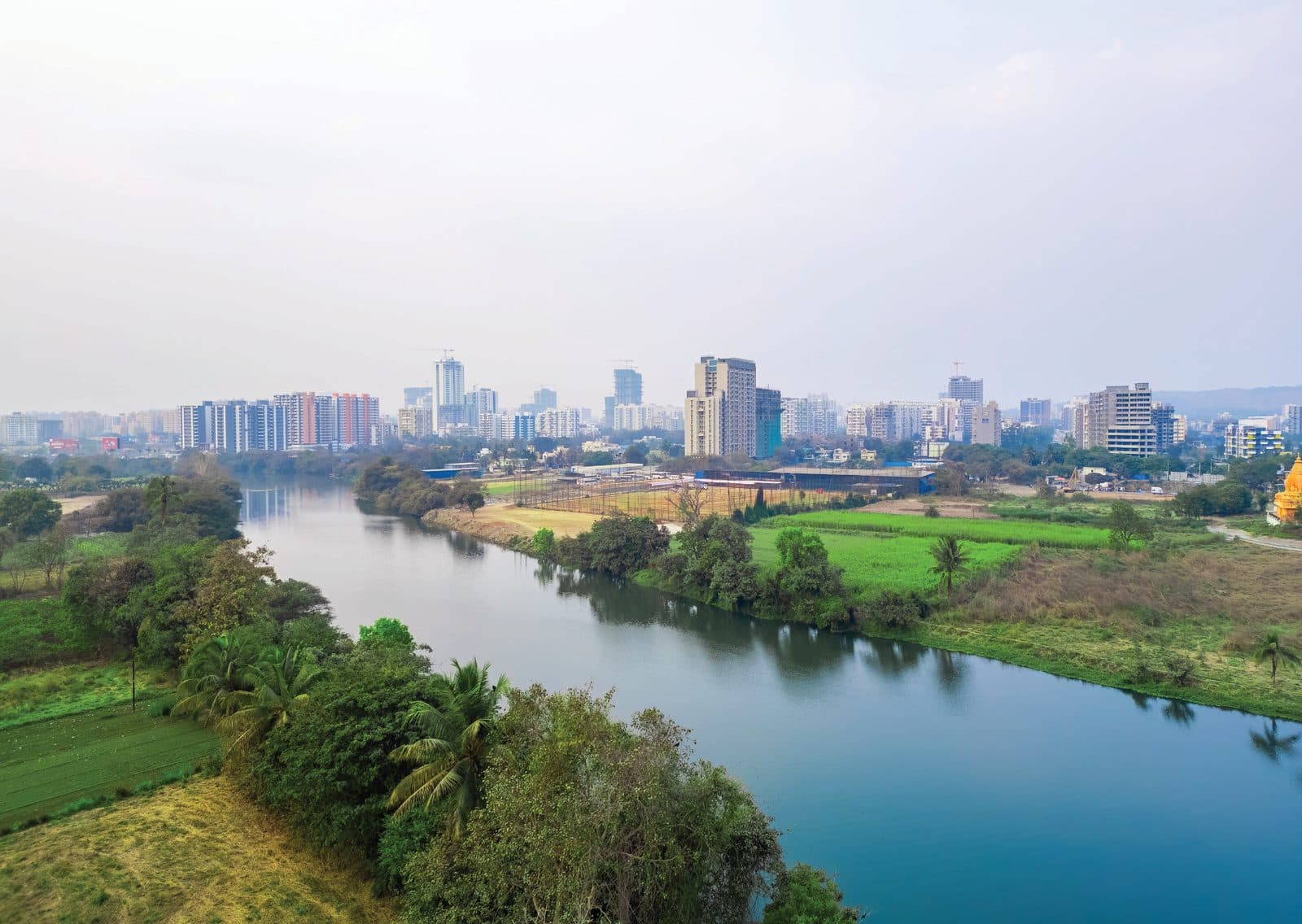 Aerial view of the Pavana riverside near Punawale, Pune